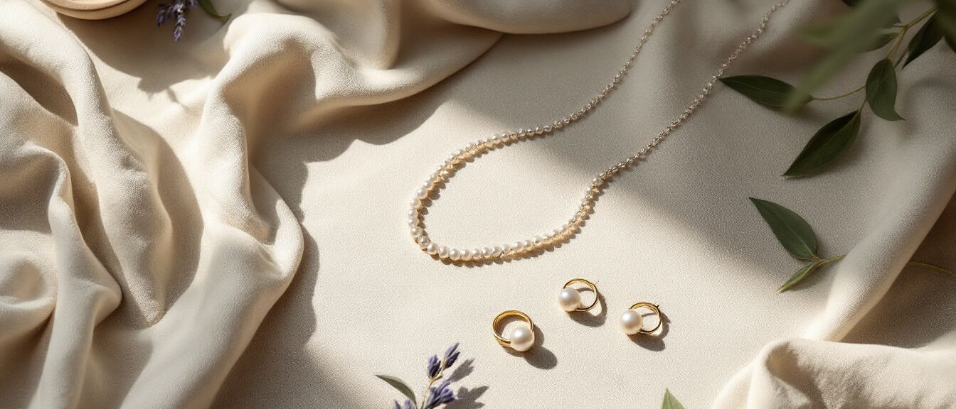 Curated handmade Lume jewellery on linen still-life